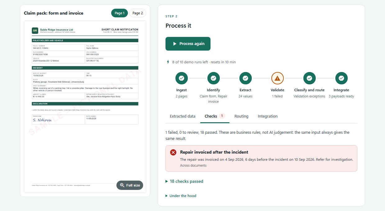 Document Intelligence processing a two-document claim pack: all six pipeline steps complete, and the cross-document check flags that the repair was invoiced six days before the incident