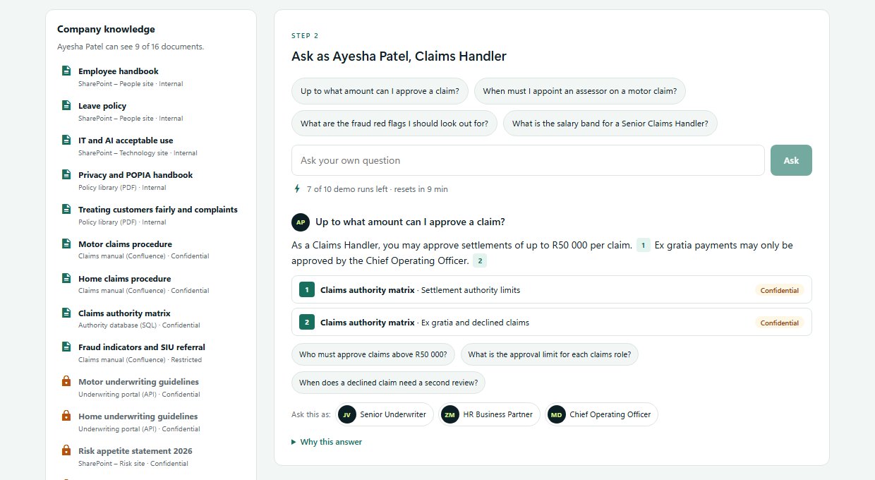 Knowledge Agent answering a claims handler: she can see 9 of 16 documents, and the answer about her approval limit cites the claims authority matrix twice